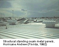 Structural standing seam metal panels. Hurricane Andrew (Florida, 1992)